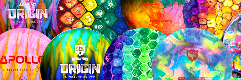 Flere forskellige custom dye discs med masser af farve der er klippet sammen i et billede