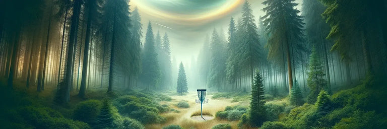Et maleri af en disc golf kurv i en tåget granskov under en halo i himlen